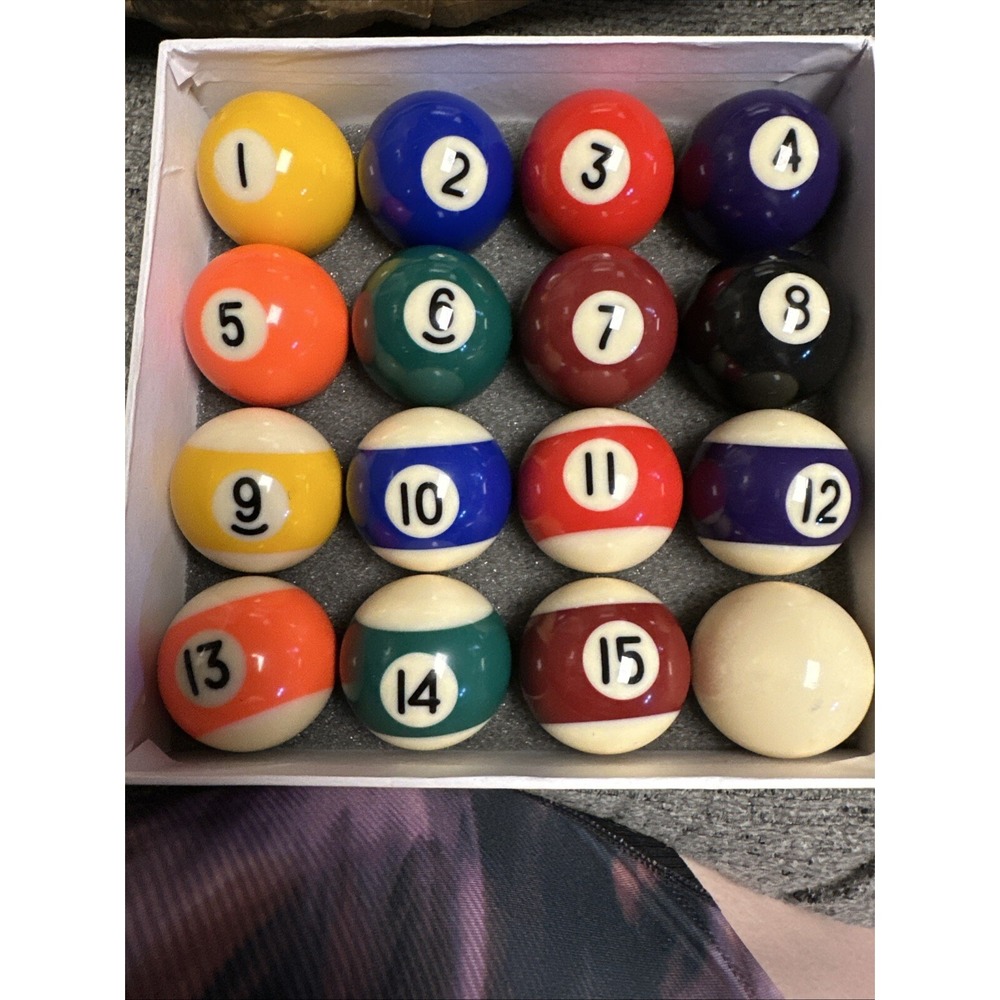 Vintage set of miniature Mini Billiard Balls pool 1.73" Boxed  1-15 plus cue